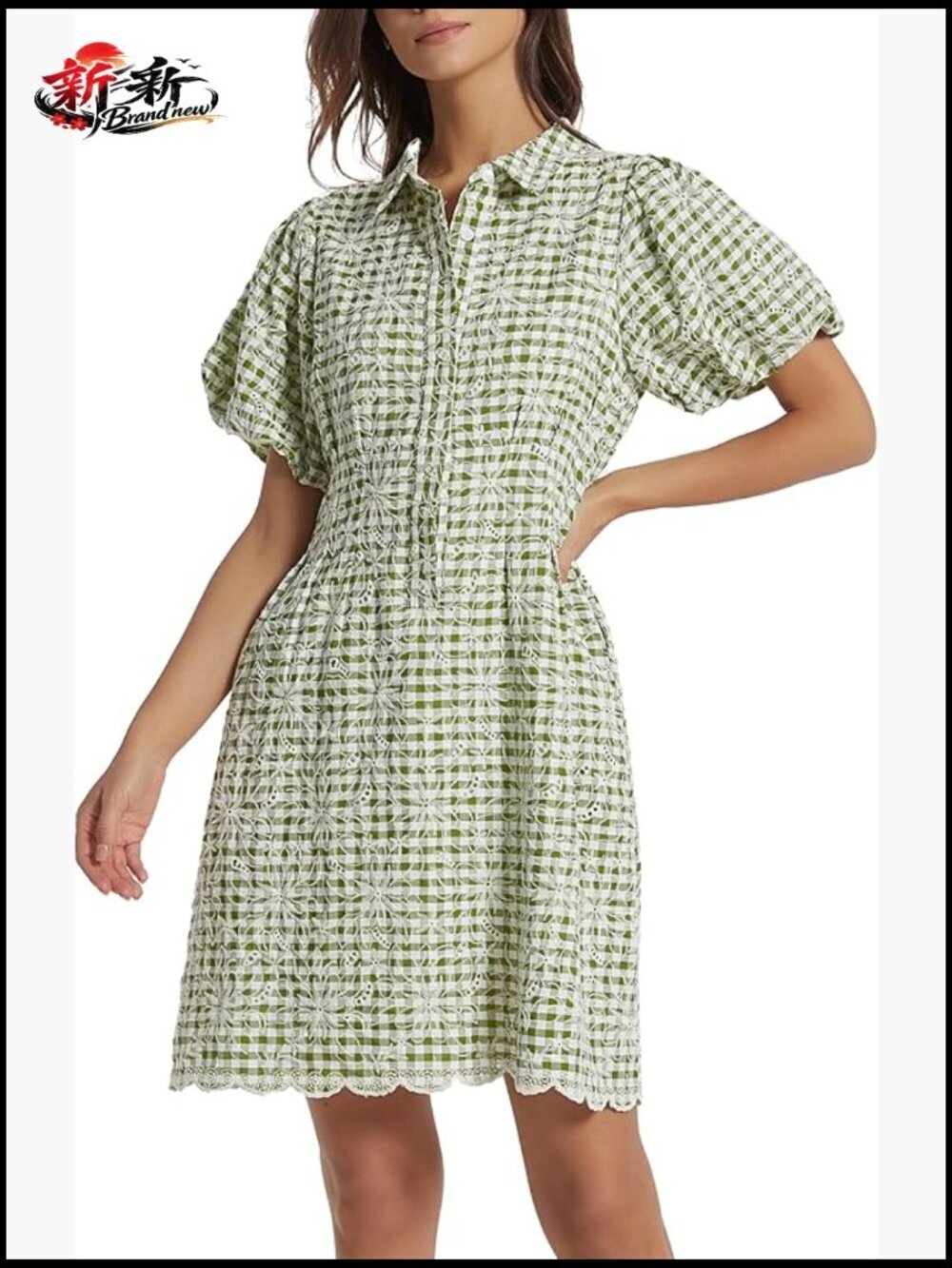 Cotton Blend Short Sleeve Mini Dress with Embroidered Floral Pleats